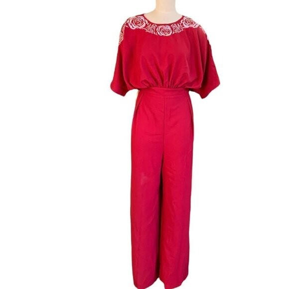 Shein Red Wide Leg Jumpsuit Short Sleeve Embroidered Roses Neckline Sz 2XL #83F - Picture 1 of 9